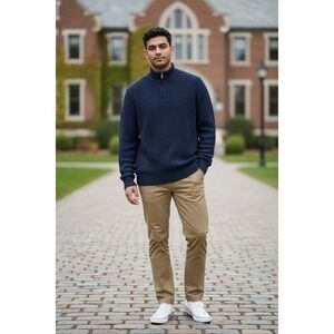 LL Bean Mens XL Navy Blue Waffle Knit Organic Cotton Quarter Zip Sweater 508120